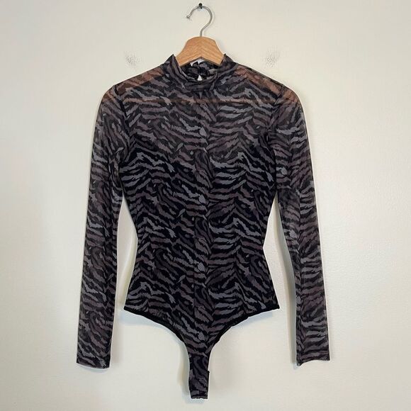 ALLSAINTS Elia Animal Print Long Sleeve Mesh Bodysuit Top Sz Medium Black Grey - Picture 3 of 9